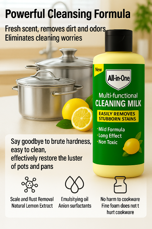 All-in-One multi-functional cleaning milk bottle with lemon slices and pots in the background