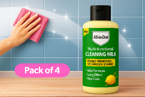 All-in-One multi-functional cleaning milk bottle with a hand using a pink cloth on a tiled wall background.